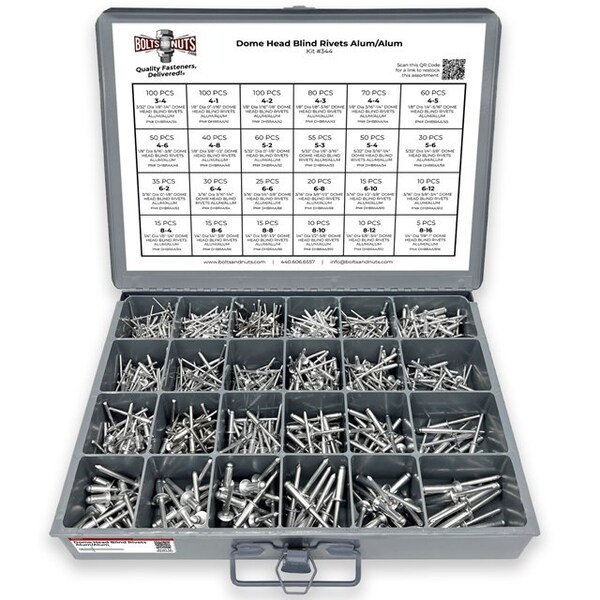 Boltsandnuts.Com Dome Head Blind Pop Rivets Alum/Alum Mandrel Assortment - 1001 PCS Assortment Kit #344 - main